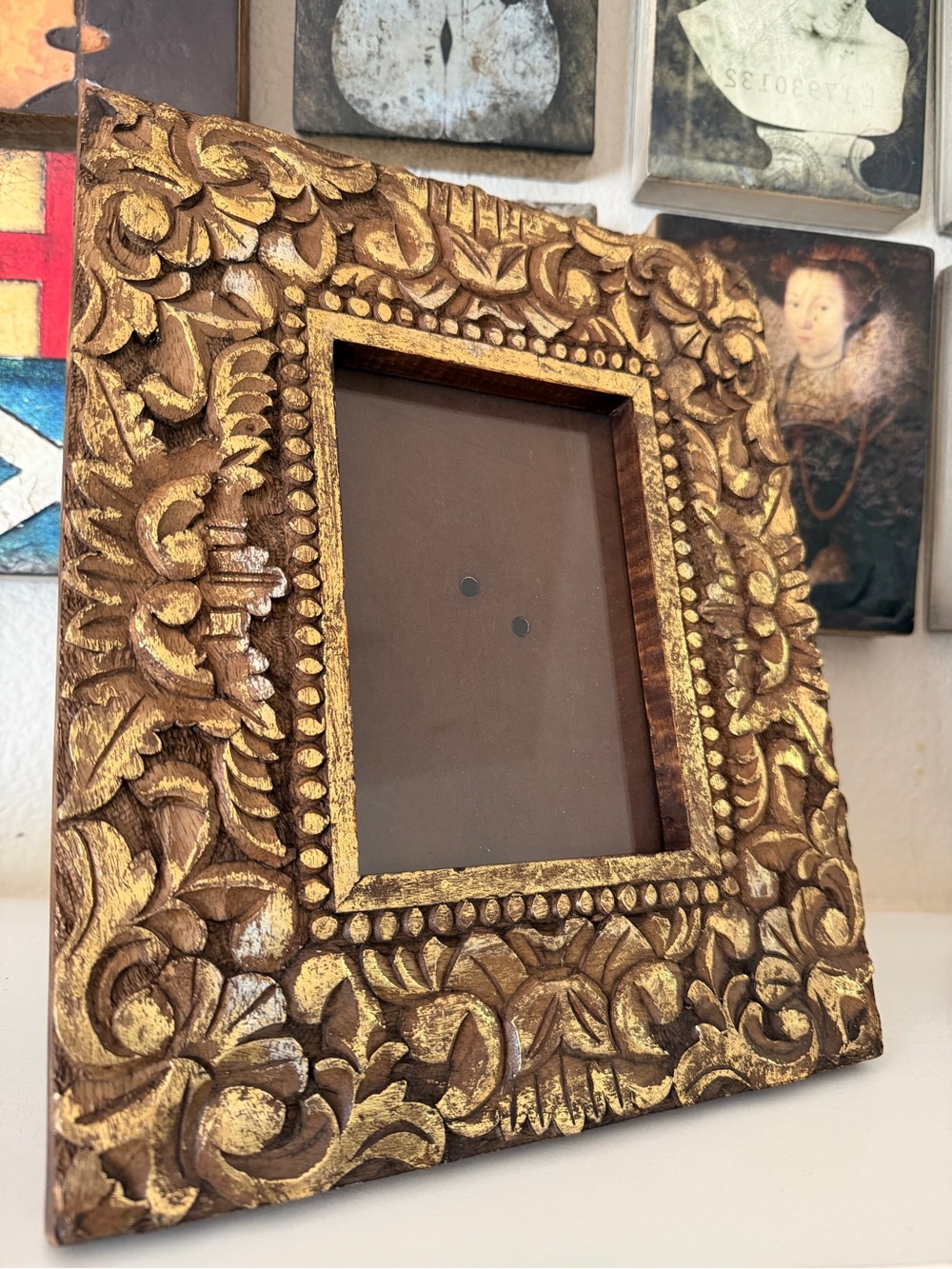 Vintage Hand-Carved Wood Picture Frame – Ornate Gold & Brown Floral Baroque